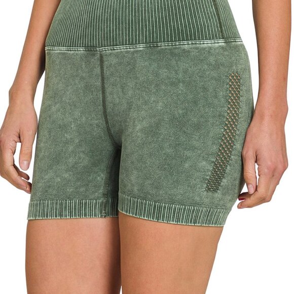 Zenana Women's Stone Wash Seamless High Waist Bike Shorts - Picture 3 of 3